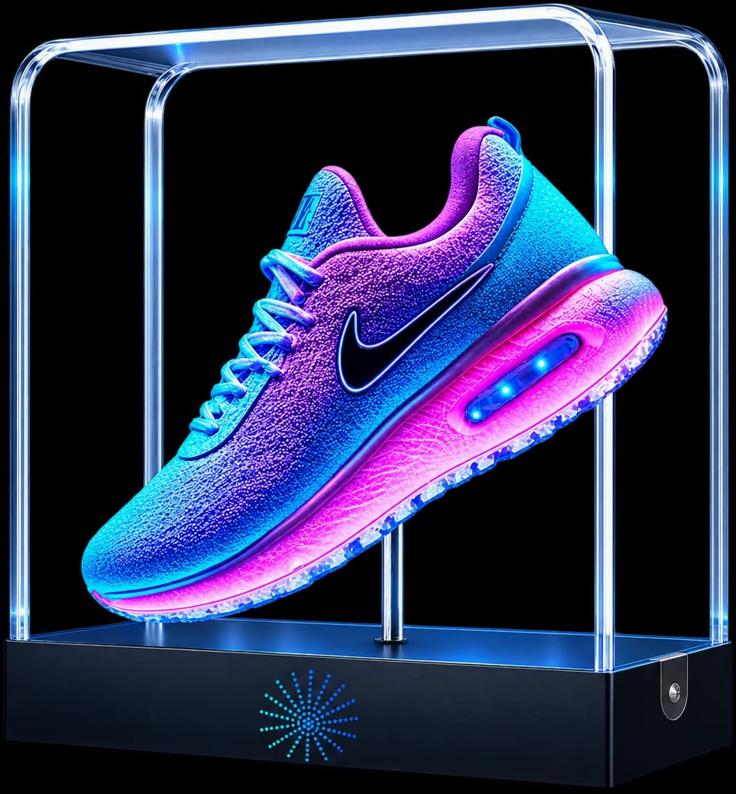 NexHolo display box on a counter, a trainer lit from below inside the acrylic case
